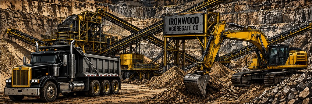 Concrete Tycoon key art — a haul truck and excavator working a quarry processing site